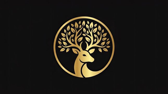 Golden deer head inside a circular tree silhouette.