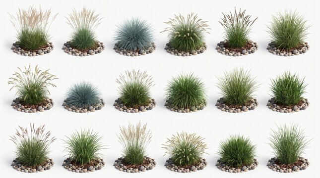 Set of Various Ornamental Grasses Isolated on White Background
