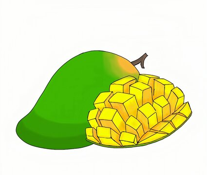 Whole green mango and diced cut mango slice vector illustration on white background