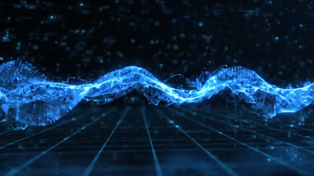 Seamless loop of a luminous blue energy wave flowing and oscillating across a deep dark digital background with subtle vibration and motion