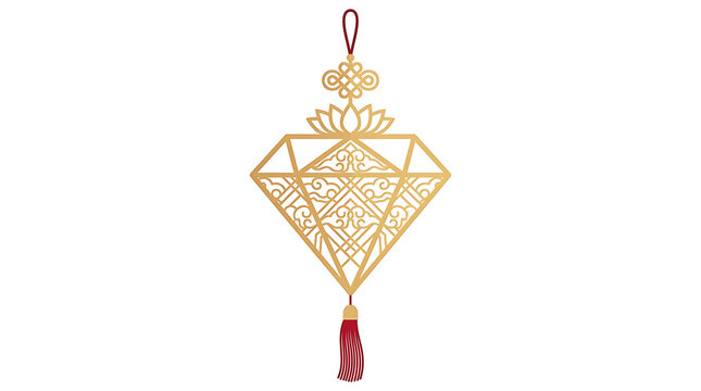 Golden diamond ornament PNG with traditional Asian knot and red tassel, auspicious hanging pendant isolated on white background for festival decoration. Ai Generated
