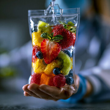 Person holding transparent pouch packed with fresh mixed fruit, strawberry