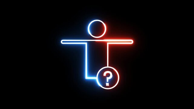 Neon glowing human silhouette symbol with question mark icon for user identification design.