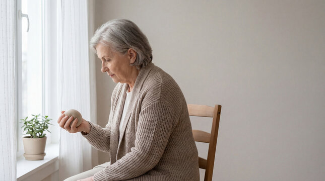 Senior woman holding therapy ball during hand rehabilitation exercise at home, authentic active aging concept showing independence confidence value value value value value value value