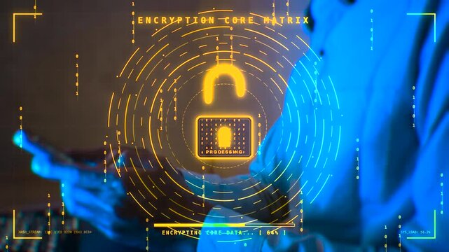 Cybersecurity man using smartphone with padlock encryption, secure data protection, and digital network privacy concept.