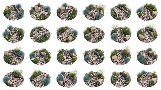 Set of Small Circular Rock Gardens with Plants and Driftwood