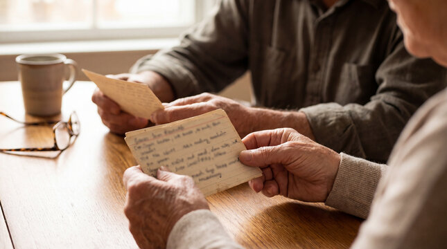 Senior couple reading handwritten letters together at wooden home table, authentic active aging concept showing independence confidence value value value value value value value value