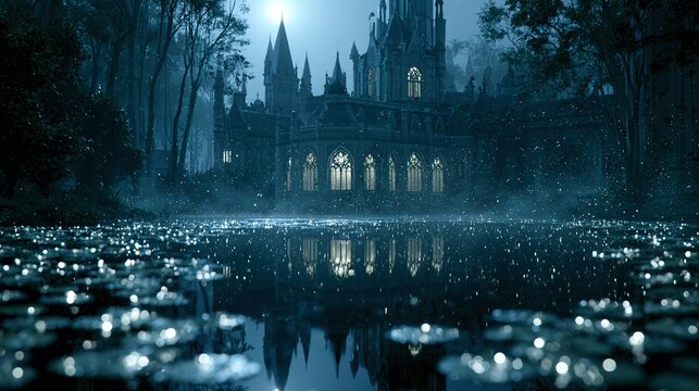Wide cinematic shot of gothic castle reflected in perfectly still moonlit pond. Pond surface is covered with glowing lily pads. Sparkling dust set in