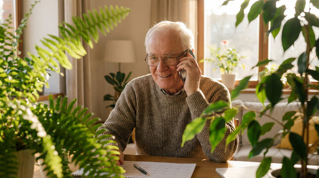 Smiling senior man making mobile phone call beside calendar in plant filled home, authentic active aging concept showing independence daily value value value value value value value
