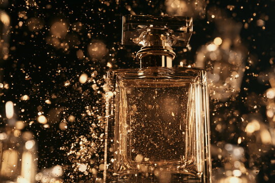 Elegant luxury perfume bottle surrounded by shimmering golden particles, glamorous cosmetic product with premium beauty branding and sparkling light.