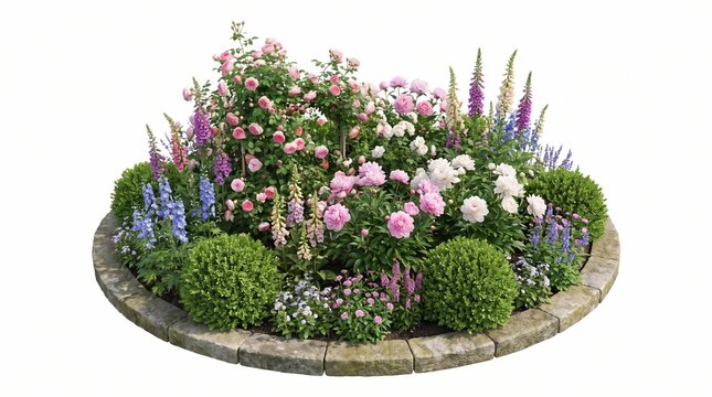 Circular Garden Flower Bed with Roses and Peonies Isolated