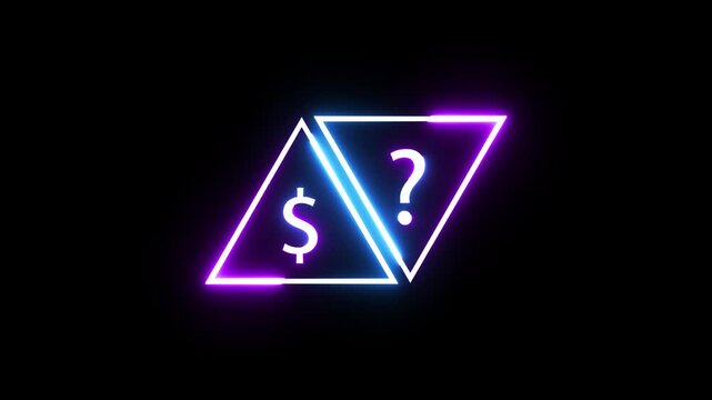Neon glowing triangle shapes with dollar sign and question mark animation on black background.