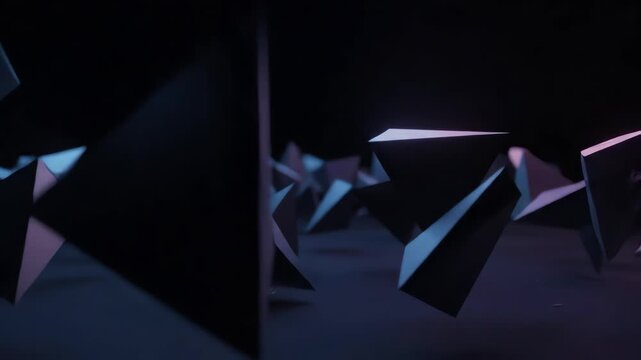 Silhouette abstract low poly background featuring geometric triangles shifting and rotating in dark moody space