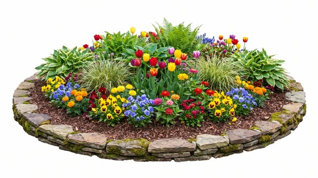 Colorful Circular Garden Flower Bed Isolated On White Background
