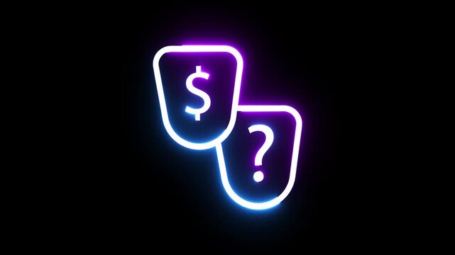Neon glowing shields with dollar sign and question mark on black background motion design.