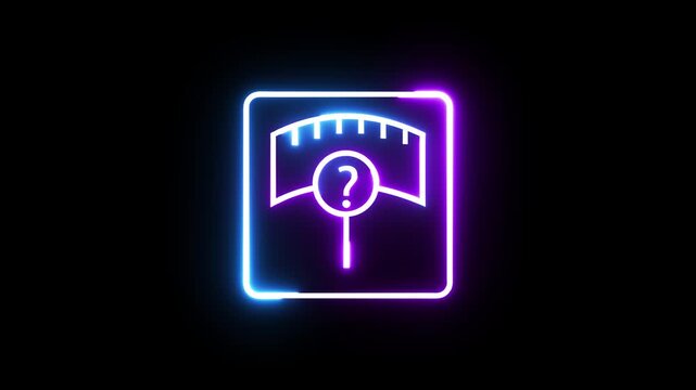 Neon glowing bathroom scale with question mark icon animated isolated on black background.