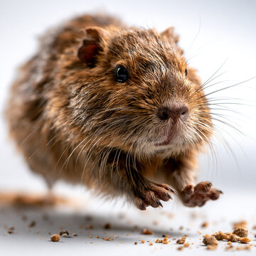 Close up of a brown degu rodent on white background with wildlife, creature