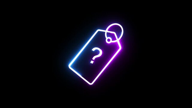 Neon tag with question mark symbol glowing on black background for retail commerce design.