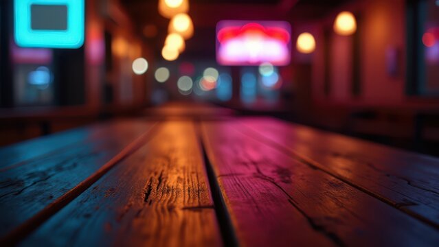 rustic wooden table background night neon bokeh lights for moody advertising copy space closeup