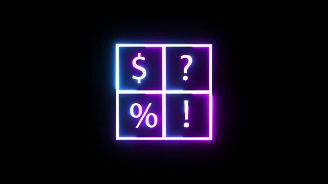 Neon glowing square containing currency dollar question percent and exclamation mark symbols.