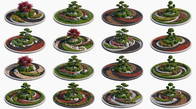 Set of modern circular garden landscape designs on white background