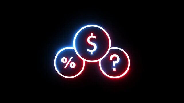 Neon dollar percentage and question mark sign glowing motion animation on black background.