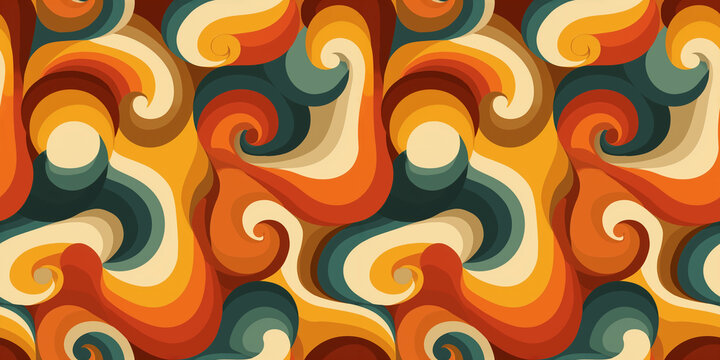 Horizontal banner with retro 70s style swirling pattern in orange, green and cream colors. Abstract psychedelic background design with flowing curves