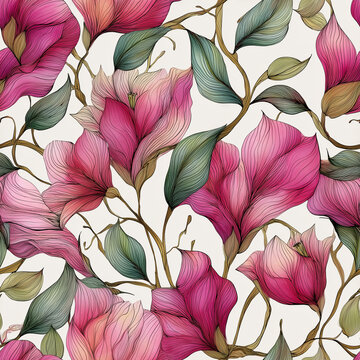 Seamless pattern with pink magnolia flowers and green leaves. Vintage botanical illustration with pink magnolia flowers, branches and leaves on cream background