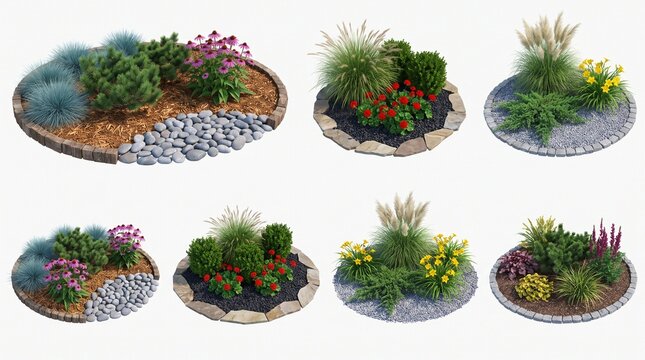 Set of Various Circular Garden Landscaping Designs on White Background