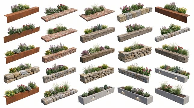 Collection of various garden planter boxes and flower bed borders