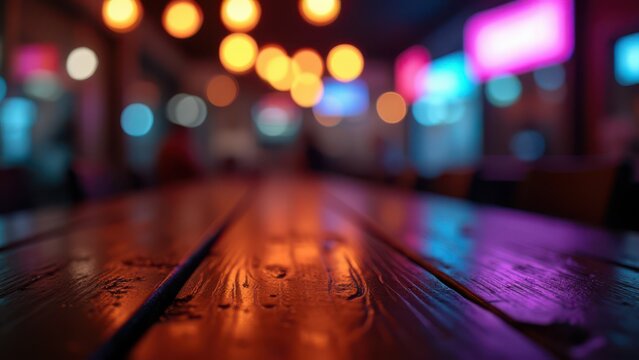 moody night bokeh reflections on rustic wood table perfect for cafe menu advertising commercial background