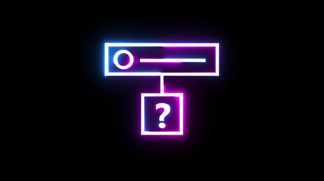 Neon glowing flowchart icon with question mark symbol blinking on black background design.