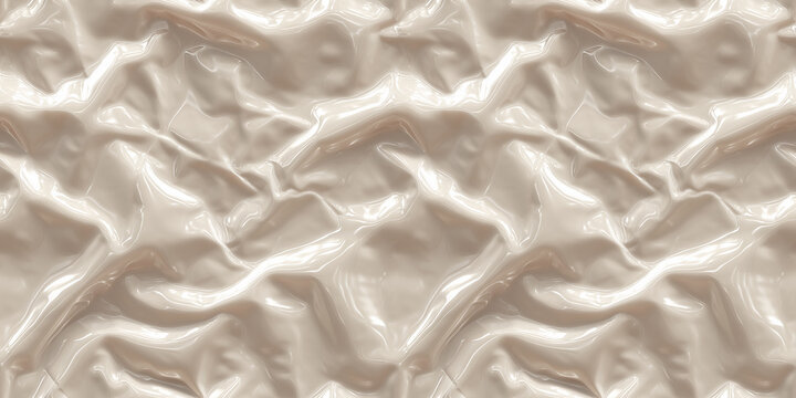 Beige glossy texture with folds. Seamless solidified surface of beige paint. Latex seamless background. Abstract background, shiny surface, seamless pattern, high resolution.