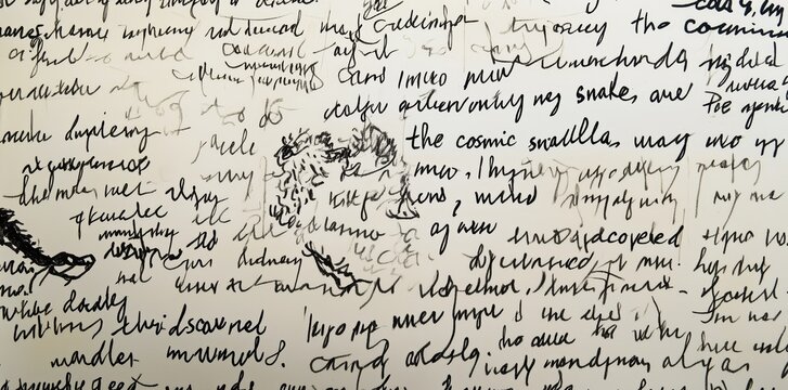 Messy Handwritten Notes and Sketches on White Background.Chaotic handwritten text with scattered sketches on a white surface, blending abstract expression and subconscious thought.