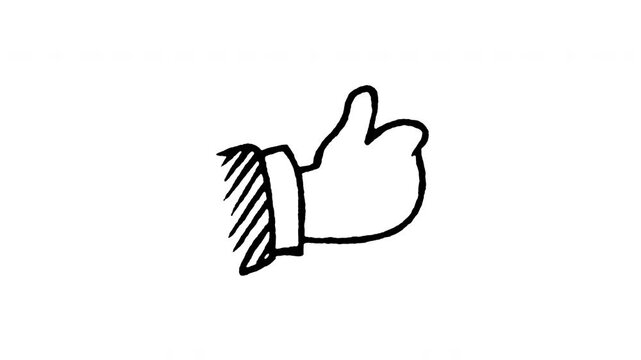 4K hand drawn thumbs up hand gesture icon featuring boiling line movement. Frame by frame doodle art on black and green screen backgrounds for like button, approval, success, and positive review.