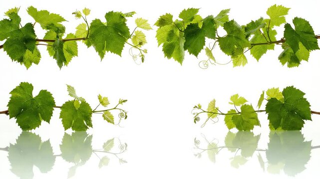Symmetrical grapevine border with green leaves and growing sprouts reflected on a white background with gentle swaying motion