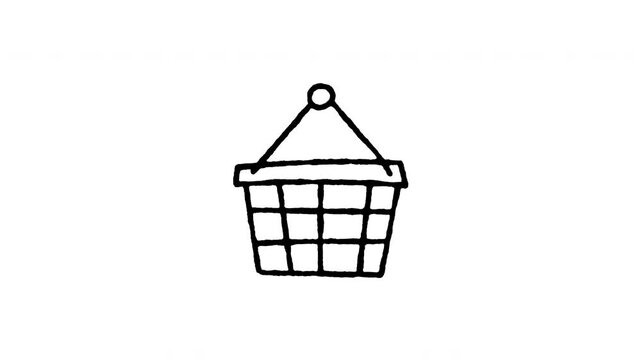 Animated 4K wire shopping basket doodle icon. Hand drawn line art on black and green screen chroma key background for supermarket store, retail groceries, purchasing, and market video edits.