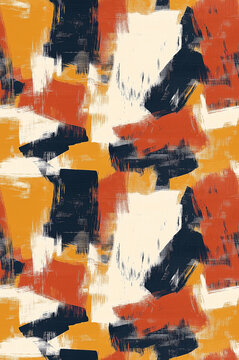 Seamless abstract brush stroke pattern. Modern grunge texture with orange, ochre, black and white paint blocks, hand-painted acrylic style repeat background.