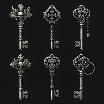 Gothic Skull and Skeleton Keys Set on Black Background