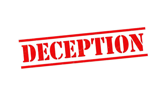 The word deception in bold red capital letters with a handwritten style crossed out by a red scribble line