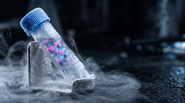 Frosted cryovial with ice crystals in liquid nitrogen vapor, cryopreservation macro concept