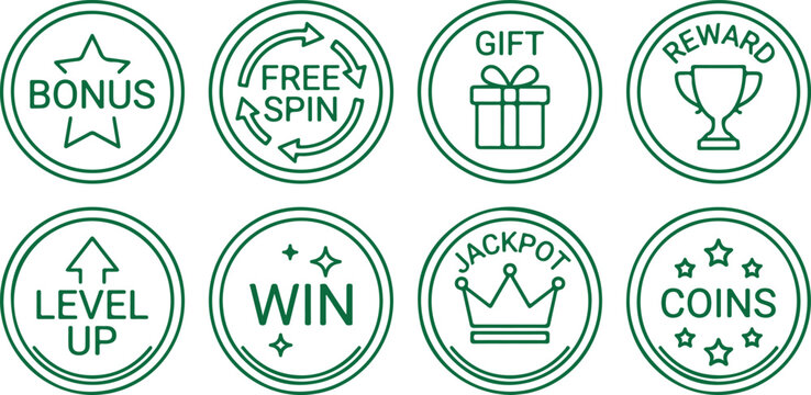 Casino game icons bonus free spin gift jackpot reward level up win coins round symbols for online gaming interface or application design.