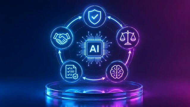 Artificial intelligence compliance framework interface with cybersecurity and legal ethics icons for corporate strategy