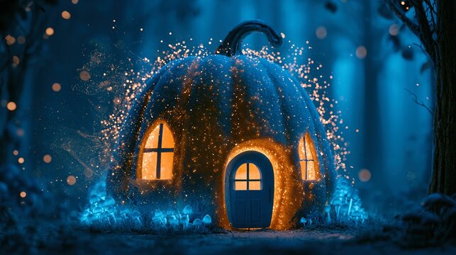 Giant enchanted pumpkin house with carved windows glowing warm orange, situated in dark eerie forest set in mystical forest landscape