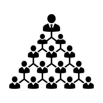 Hierarchical organizational chart featuring a black silhouette of a pyramid structure with a leader at the and multiple team members