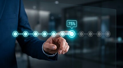 Fototapeta premium Businessman touching a digital interface with a progress bar showing 75 percent completion, glowing blue circular on a glass screen