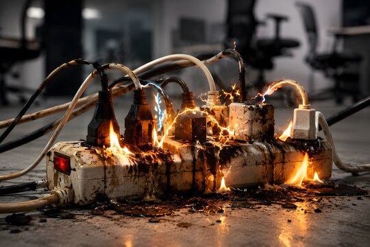 Electrical fire on overloaded power strip, burning extension cord in office, short circuit hazard