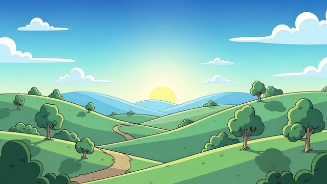 A winding dirt path leads through rolling green hills and lush trees under a bright blue sky with a rising sun and soft white clouds