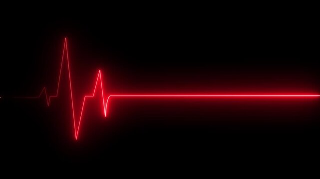 Medical concept of a heartbeat waveform fading to a flatline on a dark background representing.neon heart cardiogram animation on black background. heartbeat and pulse.Neon glowing Heartbeat line.4k