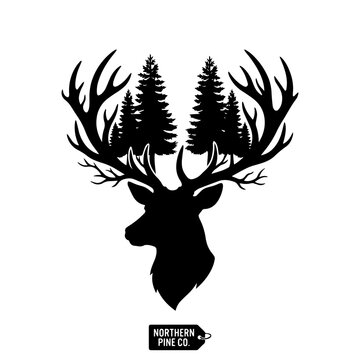 Silhouette of a deer head with large antlers containing a pine forest scene and a small northern pine co tag at the bottom in black